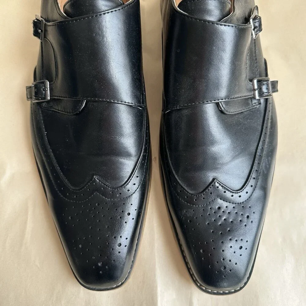 Gino Vitale Men 12 Black Wing Tip Dress Shoe Double Monk Strap Brogue Loafer